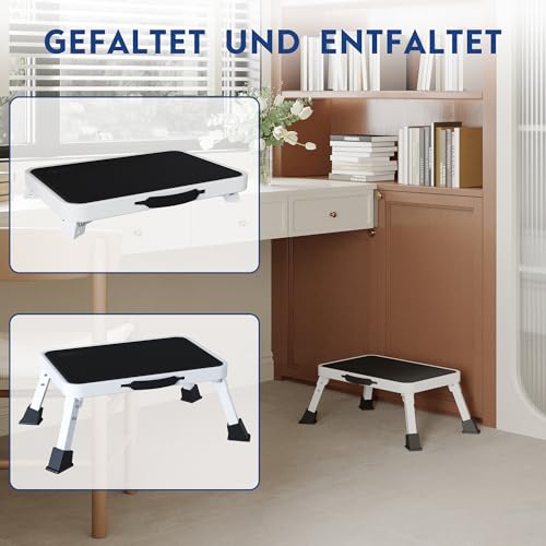 BONTEC Klapptritt, weißer Tritthocker klappbar bis 150 kg, rutschfeste Trittstufe mit Gummifüßen, klappbarer Hocker tragbar, Fußbank für Küche, Bad, Garten, Camping, kleine Leiter, Faltbarer Schemel