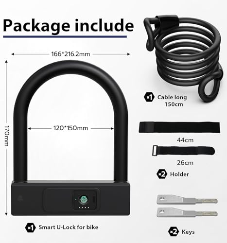 Smart Bike U Lock with Cable eLinksmart Heavy Duty Fingerprint Bicycle U-Lock,18.4mm Shackle 1.5m Cable with Strap Holder Bracket for Road, Mountain, Electric Bike, App Unlock,Angle Grinder Resistant — view 2