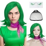 Benehair Green Disgust Wig Curly, Heat-Resistant Synthetic Hair Bob Wigs for Halloween Anime Cosplay Costume Party Comic-Con Christmas, with Eyelashes Purple Scarf Wiglet Cap, Green Side Part