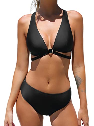 Cupshe Women Bikini Sets 2 Piece Swimsuits Triangle Tops Cutouts O Ring Deep V Neck Back Tie Mid Waisted Bottom M Black #TOP16