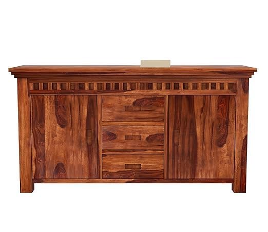 Image of Sheesham Wood Sideboard Storage Cabinet with 3 Drawers & 2 Doors for Kitchen, Living Room & Bedroom - Honey Finish - Solid Wood Buffet - No Assembly Required (Gregory)
