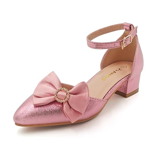 Amoji Girl Bow Dress Sandals Girl High Heels Kid Flower Wedding Shoes Pink Kid417 Size 2 Big Kid cover