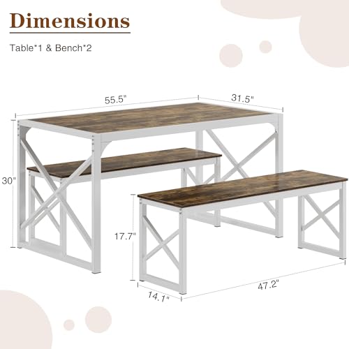 Image of VECELO 55 inch Kitchen Dining Table Set for 4, Heavy-Duty Steel Frame & Wood-Grain Tabletop, Space-Saving Dinette Sets with 2 Benches for Breakfast Nook and Small Space, Drak Brown