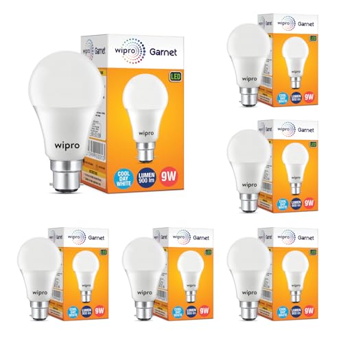 Wipro Garnet 9W LED Bulb for Home & Office |Cool Day White (6500K) | B22 Base|220 degree Light coverage |4Kv Surge Protection |400V High Voltage Protection |Energy Efficient | Pack of 6