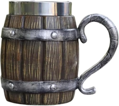 CokBlu レトロ風大容量ビールジョッキセット 600ml 304 ステンレス & 個性的樹脂製 木製スタイルマグカップ バー・家庭用 クリスマスギフト兼パーティーデコレーション