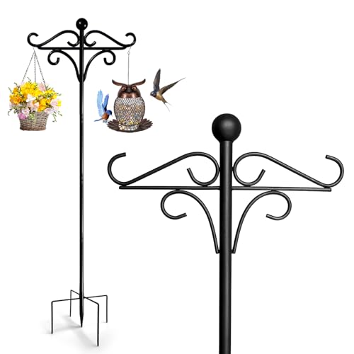 Mangeoire à oiseaux à suspendre, poteaux de 196 cm pour lampes solaires, paniers, station d'alimentation autoportante pour jardin, crochets doubles bergers en métal robuste, noir