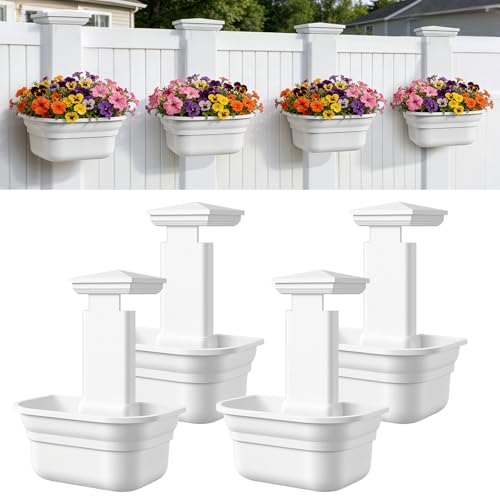 Maixinbuy Hanging Planters for Outdoor Plants - Fence Hanging Planters for PVC Fence Plant Hangers Hanging Plant Flower Pots White with Post Caps for Garden Yard Decor Easy Install - 4 Pack