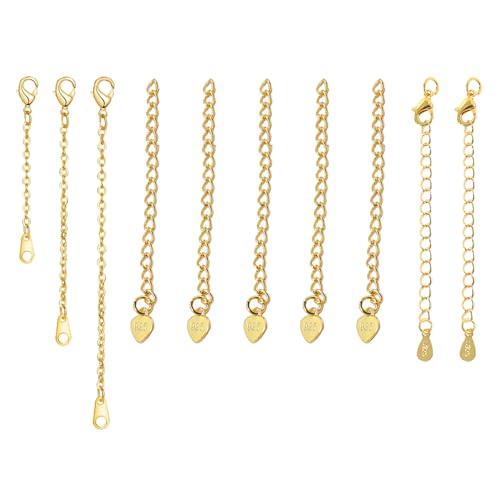 YGCQFH 10 Pcs Gold Necklace Extender, 18k Gold Plated Chain Extension, Jewelry Chain Extenders for Necklace, Bracelet, or Anklet (Lobster Claw Clasp 3/4/6 Inch, Heart Shaped 57mm, Water Droplet 5cm)