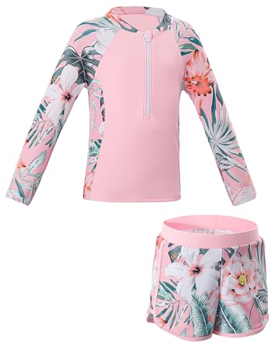 Cheerful Mario Zweiteiliger Badeanzug Mädchen Langarm UV-Shirt mit Badehosen UPF 50+ Rash Guard Sets Rosa-B 9-10 Jahre