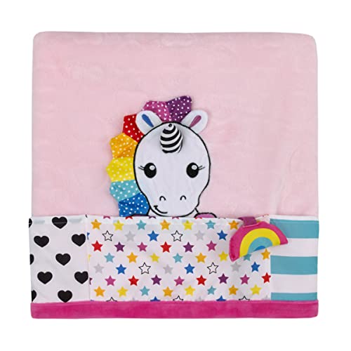 NoJo Sassy Baby Ulbright Unicorn Pink, Multi-Colored Super Soft Sherpa Baby Blanket with Teether Corners