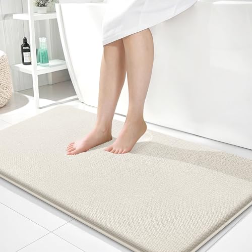 Image of OLANLY Thick Memory Foam Bathroom Runner Rugs 44x24, Extra Soft Absorbent Long Bath Rug, Quick Dry Bath Mats, Non-Slip, Machine Washable Mat for Bathroom, Tub and Shower, Home Decor Accessories, Ivory