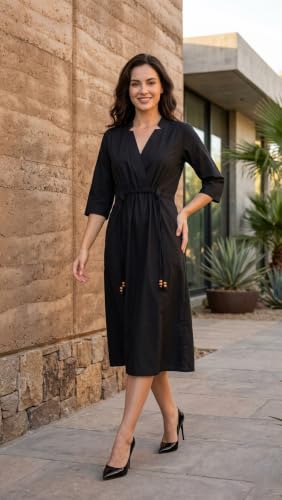 Image of New Ethnic 4 You Women's Pure Cotton Solid Black A-Line Midi Dress