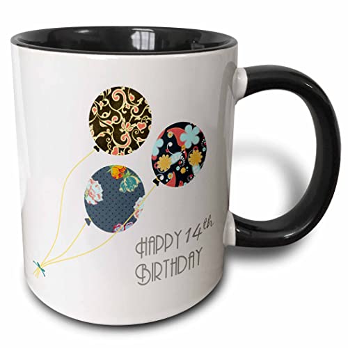 3dRose 14th Birthday Floral Balloons Black Brown 11oz Two-Tone Black Mug