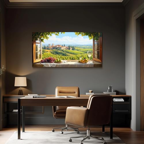 crmotu Vineyard Faux Window Wall Art, Italian Countryside Landscape Large Artwork, Grape Fields Prints Kitchen Wall Decor, Rustic Charm Pictures for Living Room Dining Room No-window Room 24x48 Inch