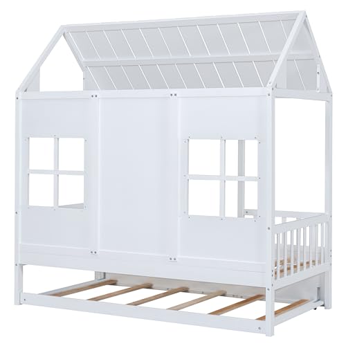 Image of Twin House Beds with Trundle for Kids Montessori Bed Wood Playhouse Tent Bed Frame for Girls Boys, Twin Size , White
