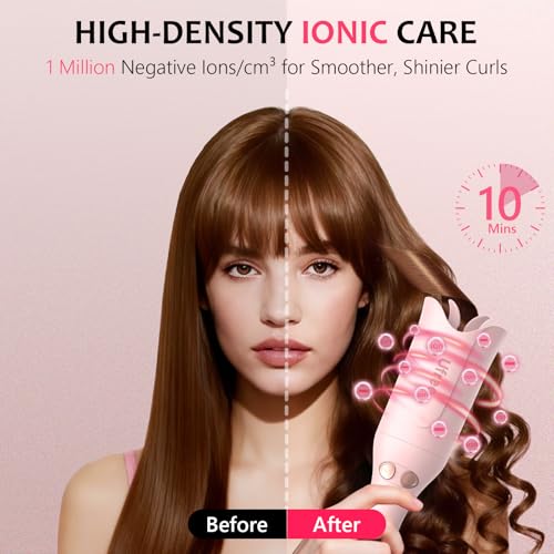 Image of Ufree Automatic Rotating Curling Iron, 1 Inch Ceramic Curling Wand, 1-Click Hair Curler with 3 Heat & Timers, Anti-Scald Design, 1M Ionic Care, Dual Voltage for Travel Beach Waves, Rose Gold