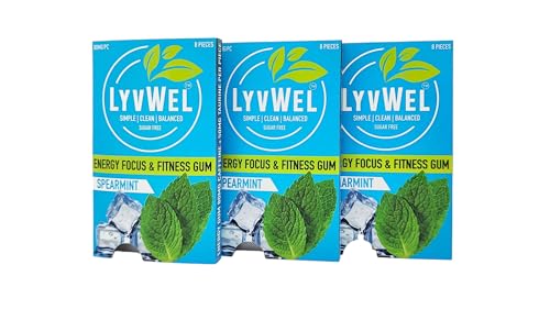 Image of LyvWel Energy Gum | 80mg Caffeine + 50mg Taurine per gem | All Natural | Sugar-Free Pre-Workout Boost: Your Essential Energy Supplement to Stay Awake (Spearmint, 3 Pack)