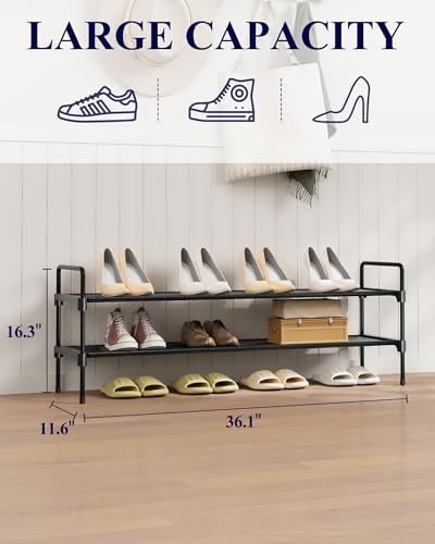 Image of Kitsure Shoe Rack for Closet, Shoe Organizer for Front Door Entrance, Stackable Shoe Shelf, Detachable Closet Organizers and Storage, 36.1 inch Wide - 2 Tiers, Black | Closet, Front Door Entrance, Entryway, Stackable & Detachable Shelf, Closet Organizers and Storage