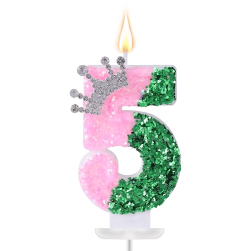 Velas con Números para Cumpleaños, Velas con Forma de Corona Rosa y Verde Decoraciones Creativas para Tartas Cumpleaños Bodas y Aniversarios (Número 5)