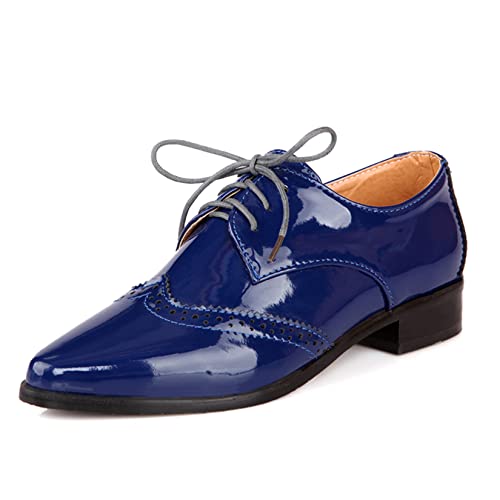 Aimodor Womens Wingtip Oxford Flat Heel Patent Leather Shoes Pointed Toe Lace Up Pumps 8,Royal Blue #TOP1