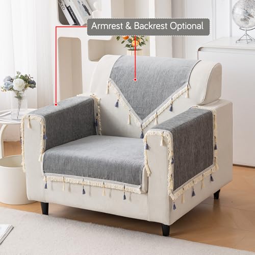 Image of HOKIPO 'Serenity Tassel' Chenille 1 Seater Sofa Cover with Tassel - Glacier Silver (IN-890-LGRY)
