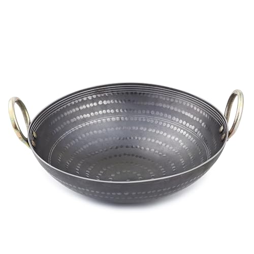 Image of VISMAY'S 3 Litre 11 inch Food Grade Iron Kadai India's 1st Smooth Edge Kadhai Strong Riveted Handle Traditional Frying Pan Wok Hammered Heavy Base Metal Spoon Friendly Works on Gas and Induction
