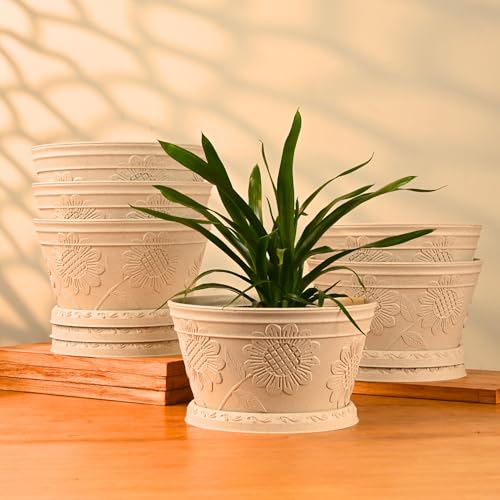 Image of Eha Earth Friendly Nile Planter 9.5 inch Planters for Home Decor| Bamboo Based Plant Pot | Pack of 6 | UV Protected Pot for Plant | Flower Pot for Living Room, for Outdoor and Indoor | Sand Castle