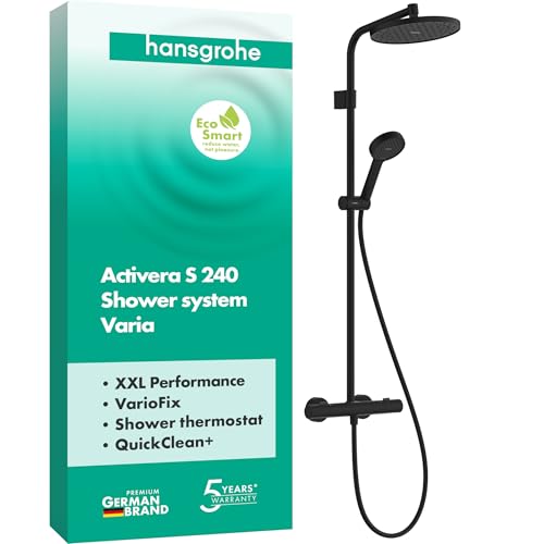 hansgrohe Activera S - wassersparendes Duschsystem (EcoSmart) mit Thermostat, Regendusche (240mm) mit Armatur, Handbrause (2 Strahlarten), Schlauch, Brausestange und Kopfbrause, Mattschwarz, 28078670