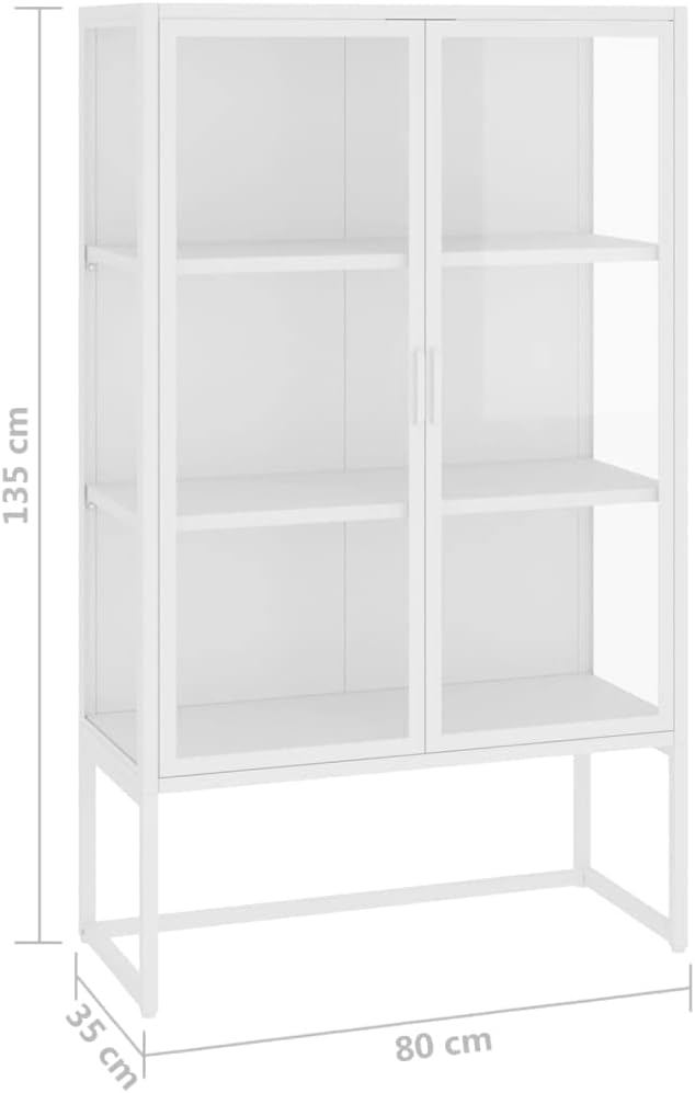 Highboard White Steel and Tempered Glass Storage Cabinet 31.5"x13.8"x53.1" Vertical Locker with Adjustable Shelves for Home Office Storage and Dorm Use