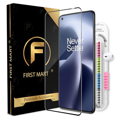 Image of FIRST MART Tempered Glass for OnePlus Nord 2T, Nord 2 and Nord CE, 9H 0.3 mm Full-Glue Screen Protector with Cable Protector, 3D Edge-to-Edge, HD Clear, Case-Friendly, Black, Pack of 1