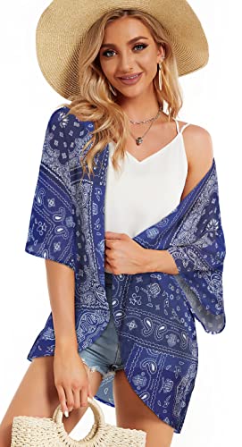 Kimonos For Women Casual Bohemian Flowers Basic Summer Cardigans Cover Ups (Deep Boho Navy, L) #TOP1