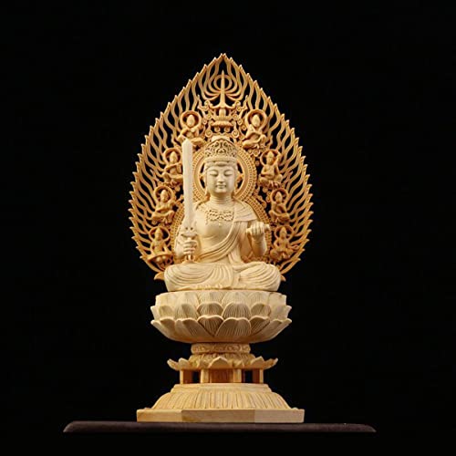 木彫り 仏像 文殊菩薩 桧木製 総高さ30cm 仏像フィギュア コレクション 木彫り仏 大仏様の置物 美術品 仏壇仏像 八角台座 祈る 厄除け(Color:文殊菩薩)