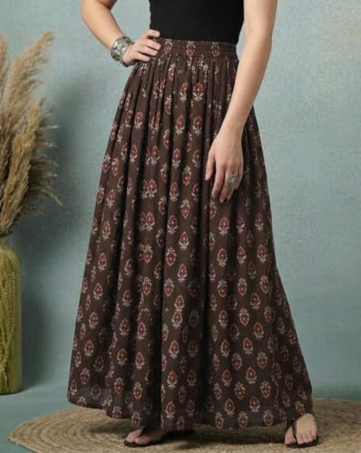 Image of Women's Floral Print Maxi Skirt, Maroon Red, 100% Pure Cotton, Elastic Waist, Full Length, Breathable Fabric