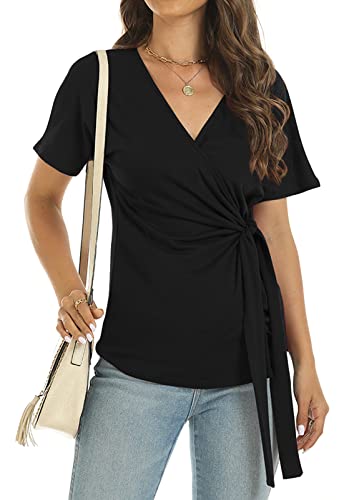 LEIYEE Womens Summer V Neck Short Sleeve Wrap Tops Casual Cute Front Twist Tie Knot Shirts Blouse4