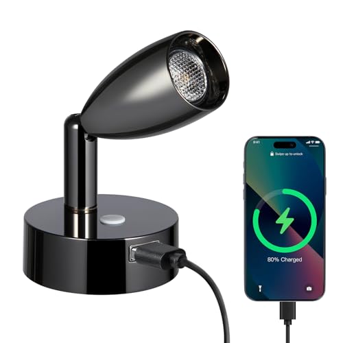 acegoo 12V Leselampe Wohnmobil LED Dimmbar Bett Lampe mit USB-Schnellladegerät, Flexible Spot DC 24V 3200K Wandmontage, für Boot Wohnwagen Camper Van Yacht Innenbeleuchtung (Glanz Schwarz, 1 Stück)