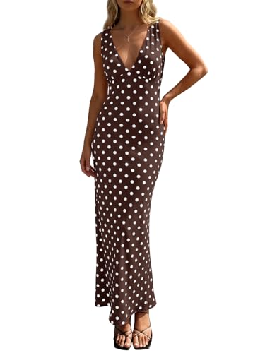 Wenrine Womens Summer Polka Dot Maxi Dress Mesh Wedding Guest Bodycon Sexy V Neck Sleeveless Party Dresses