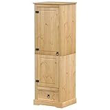 L'armoire Corona est fabriquée en pin massif avec une finition en cire de miel, des matériaux en bois et du métal, ce qui lui confère une qualité naturelle et durable. Le bois massif de pin avec son grain caractéristique et ses branches rustiques assure un aspect intemporel. Parfait pour les ménages soucieux de l'environnement qui apprécient les meubles durables.