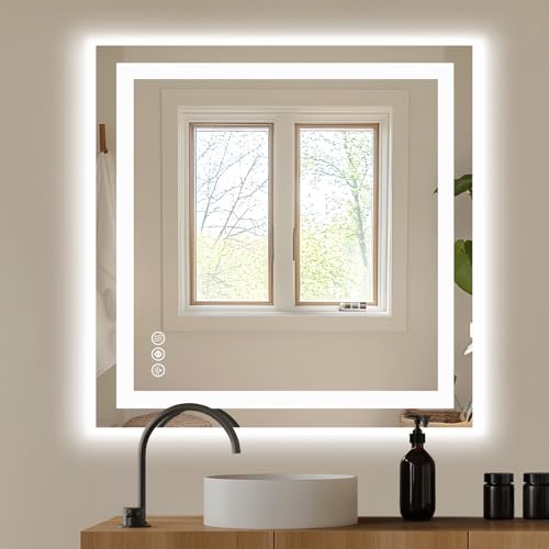 Image of NEWBULIG 36X36 Inch LED Bathroom Wall Mirror with Lights, Light up Vanity Bathroom Mirror for Over Sink, Anti-Fog and Dimmable, Front Light and Backlit, Memory Function, Shatter-Proof, White