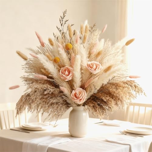 Ramo de flores secas con pasto pampas y rosas artificiales miniatura 1