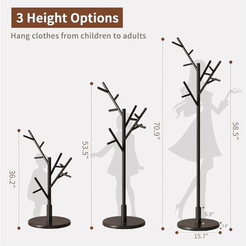Black Solid Wood Tree-Shaped Coat Rack with 12 Hooks and Adjustable Heights for Entryway and Bedroom
