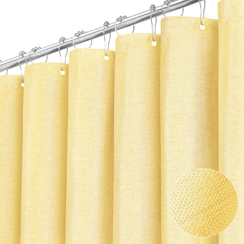 BTTN Yellow Fabric Shower Curtain - Linen Textured Weighted Cloth Shower Curtain Set with 12 Plastic Hooks Machine Washable Modern Hotel Luxury Decorative Neutral Bath Curtains for Bathroom 72x72