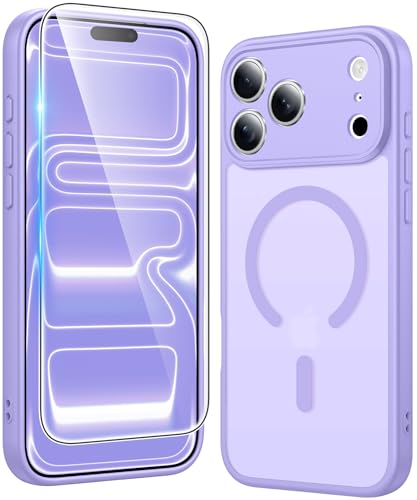 Image of FNTCASE for iPhone 17 Pro-Max Case: Matte Magnetic Phone Cases with Screen Protector Compatible with Magsafe Slim Anti Yellowing Rugged Shockproof Protective Translucent Cell Cover (C-Purple)