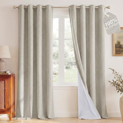 NICETOWN 100% Blackout Linen Beige Curtains 96 inches Long, 52" W, 2 Panels