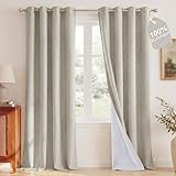 NICETOWN 100% Blackout Linen Beige Curtains 84 inches Long for Living Room, White Liner Composite Grommet Bedroom Thermal Drapes Casual Home Decor Window Treatments, 2 Panels, W52 x L84