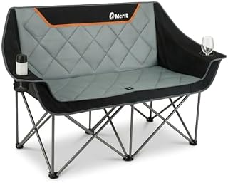 EMERIT Oversized Fully Padded Camping Chair, Heavy Duty 650LB Folding Camping Loveseat, Quad Fold Double Camping Couch with Cup Holders & Carry Bag for Outdoor, Lawn, Sports Events Black