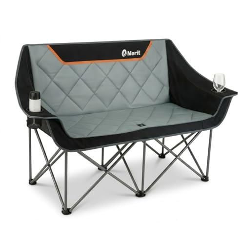 EMERIT Oversized Fully Padded Camping Chair, Heavy Duty 650LB Folding Camping Loveseat, Quad Fold Double Camping Couch with Cup Holders & Carry Bag for Outdoor, Lawn, Sports Events