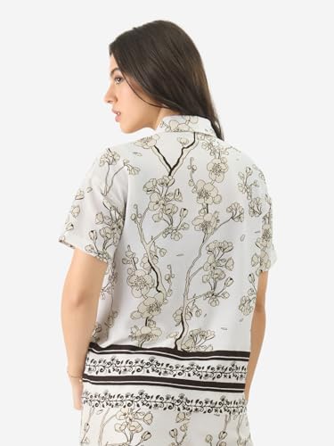 Image of The Souled Store Gardenia Women and Girls Short Sleeve Collared Neck White All Over Print Button Down Oversized Shirts