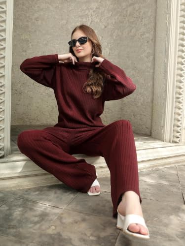 Image of Kvetoo Women Winter Coord Set Wool Blend High Neck Sweater and Wide Leg Pants Warm Tracksuit Pajama Set Two Piece Knitwear Travel Wear for Lounge Casual Office