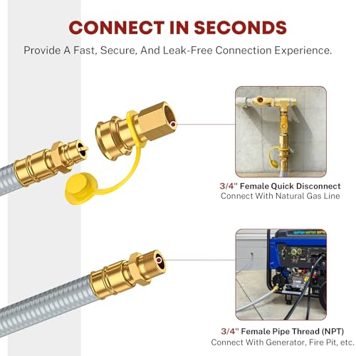 12FT 3/4\" ID Natural Gas Hose with Quick Connect & Disconnect Fittings, CSA Certified Heavy Duty Gas Line for NG/LP Propane, Compatible with Grill, Generator, Patio Heater, Pizza Oven