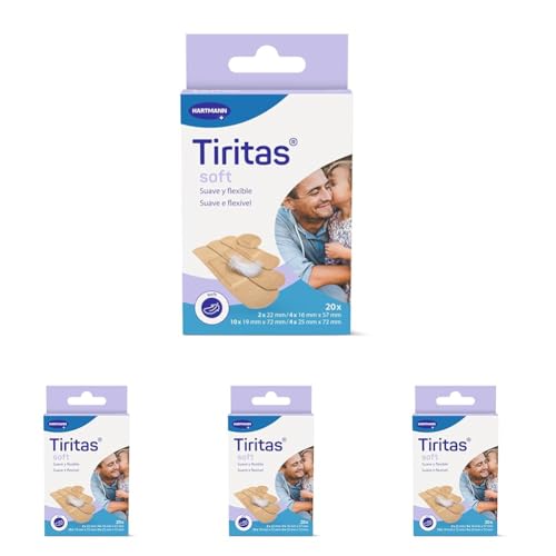 Tiritas Soft: Apósitos de color carne fabricados en suave papel. Indicadas para pieles sensibles y delicadas. Protección suave para pequeñas heridas; 4 tamaños; 20 unidades (Paquete de 4)